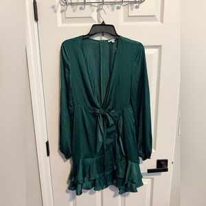 Fashion Nova Sweet Dream Satin Flare Mini Dress Emerald Green V-Neck Tie Front